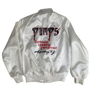 Vintage Mens White Satin Nylon Eagle Snap Button Bomber Jacket Pumps of Keensbur